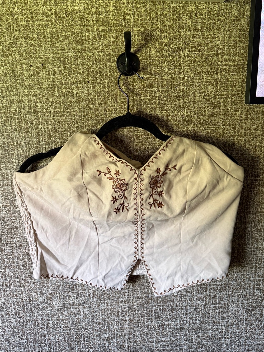 SHEIN Cream Smocked Crop Top with Brown Embroidery